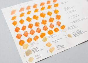 Choosing the Best Gold Art Medium: a page full of test swatches